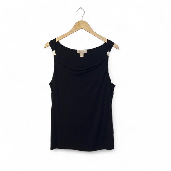 Michael Kors Black Sleeveless Top L Draped Neck Gold Hardware Chic Layering - Picture 4 of 10